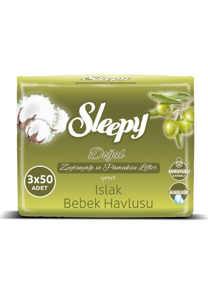 SLEEPY DOĞAL ZEYTİNYAĞLI ISLAK MENDİL 3x50'Lİ
